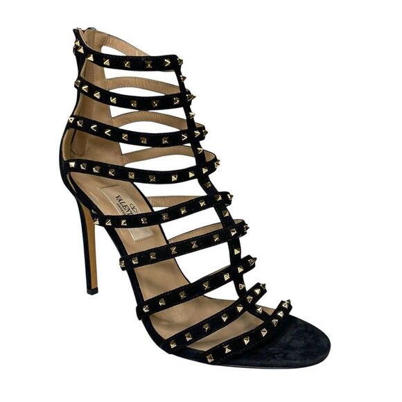 Valentino Garavani Caged Stud Sandal EU 37 US 7 Black Suede High Heel Rockstud - Picture 1 of 10